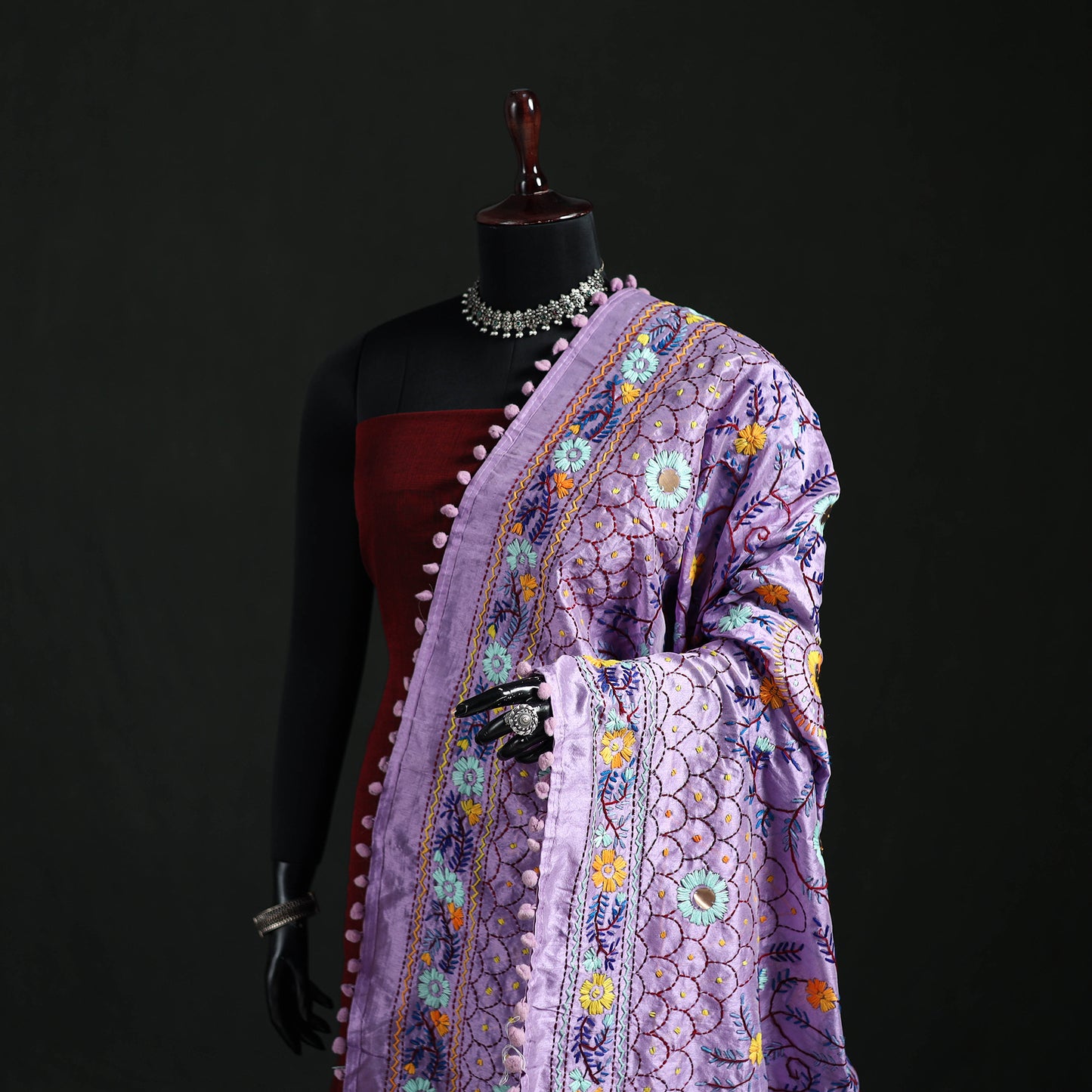 Phulkari Hand Embroidered Chanderi Silk Dupatta 09