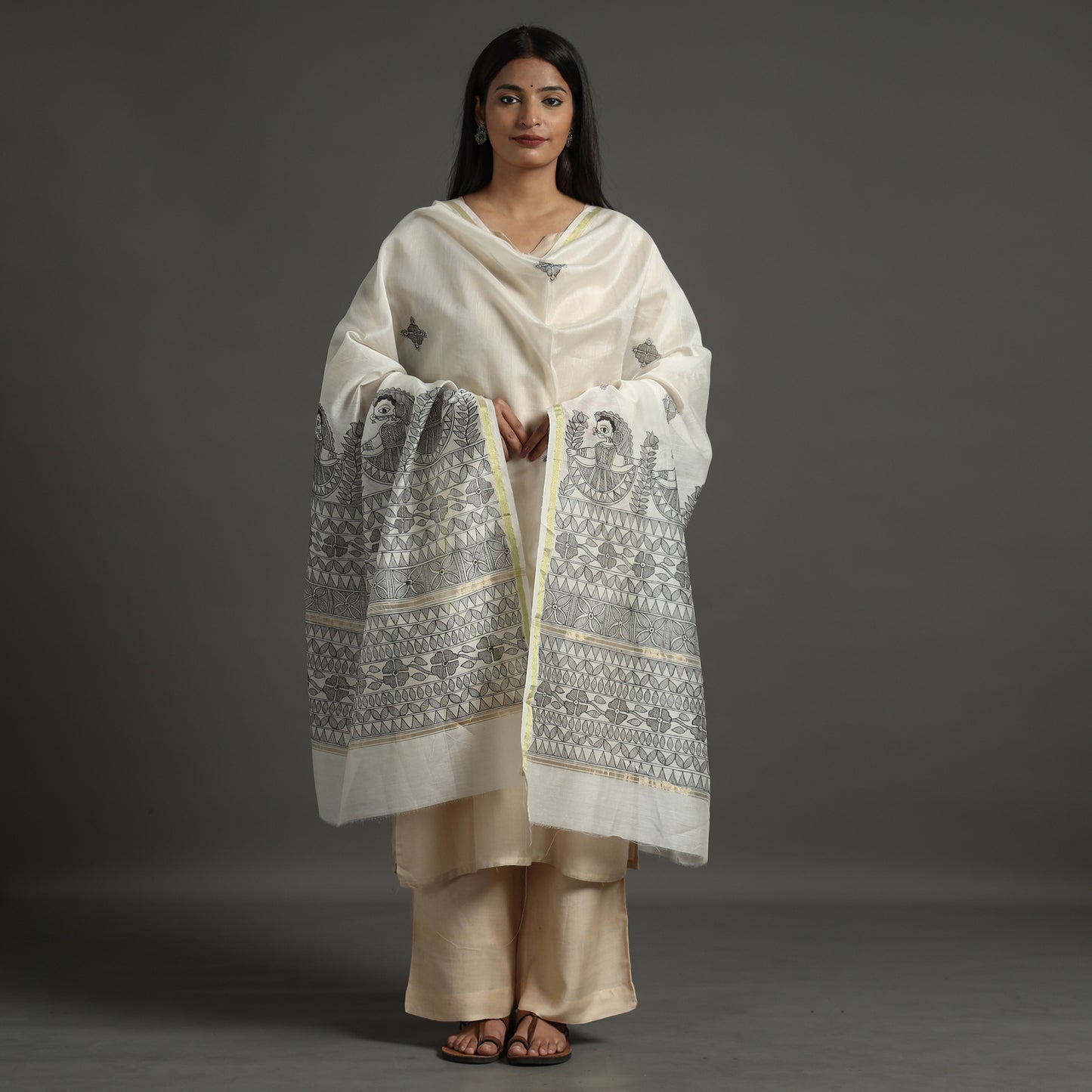 White - Madhubani Handpainted Chanderi Silk Handloom Dupatta 24