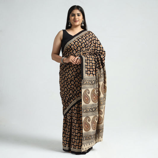 Black - Pedana Kalamkari Block Printed Cotton Saree with Blouse Piece 01