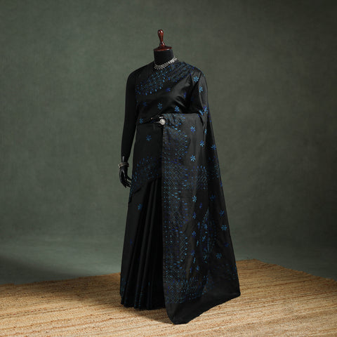 Black - Bengal Nakshi Kantha Hand Embroidered Silk Saree 17