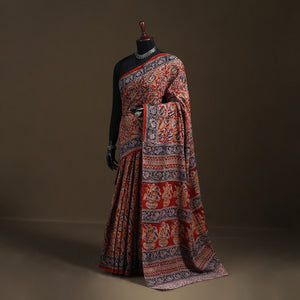 Red - Pedana Hand Block Print Natural Dyed Cotton Kalamkari Saree 46