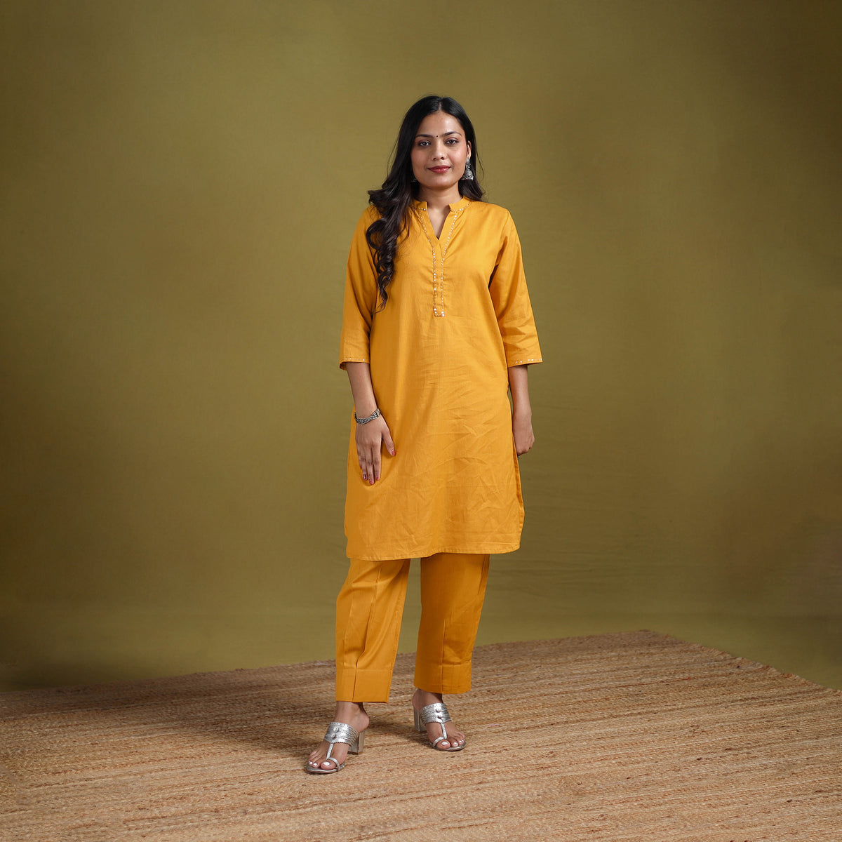 Sequin Work Flex Cotton Plain Straight Kurta with Pant Set for women 13