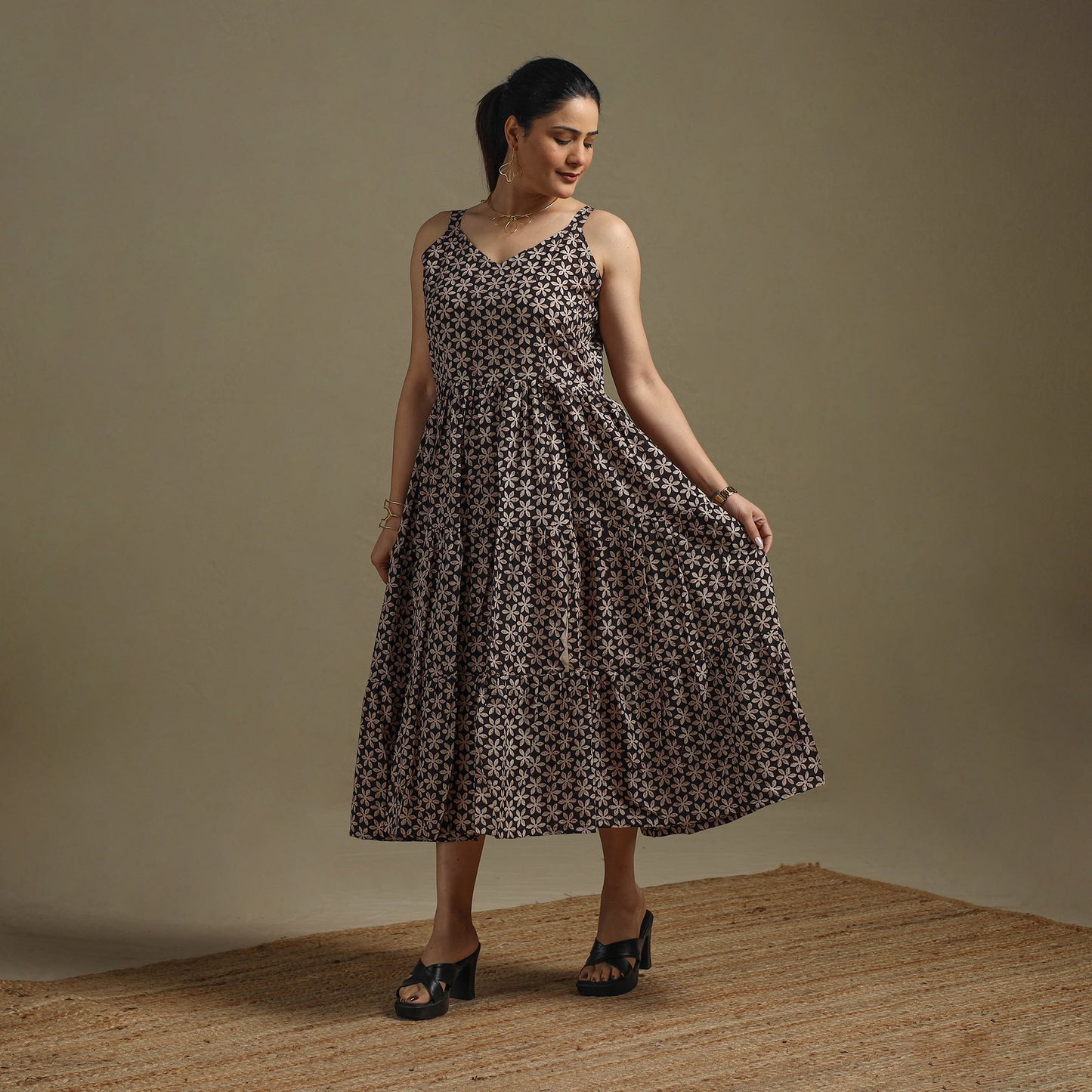 Hand Block Print Natural Dyed Cotton Tiered Bagru Dress 05