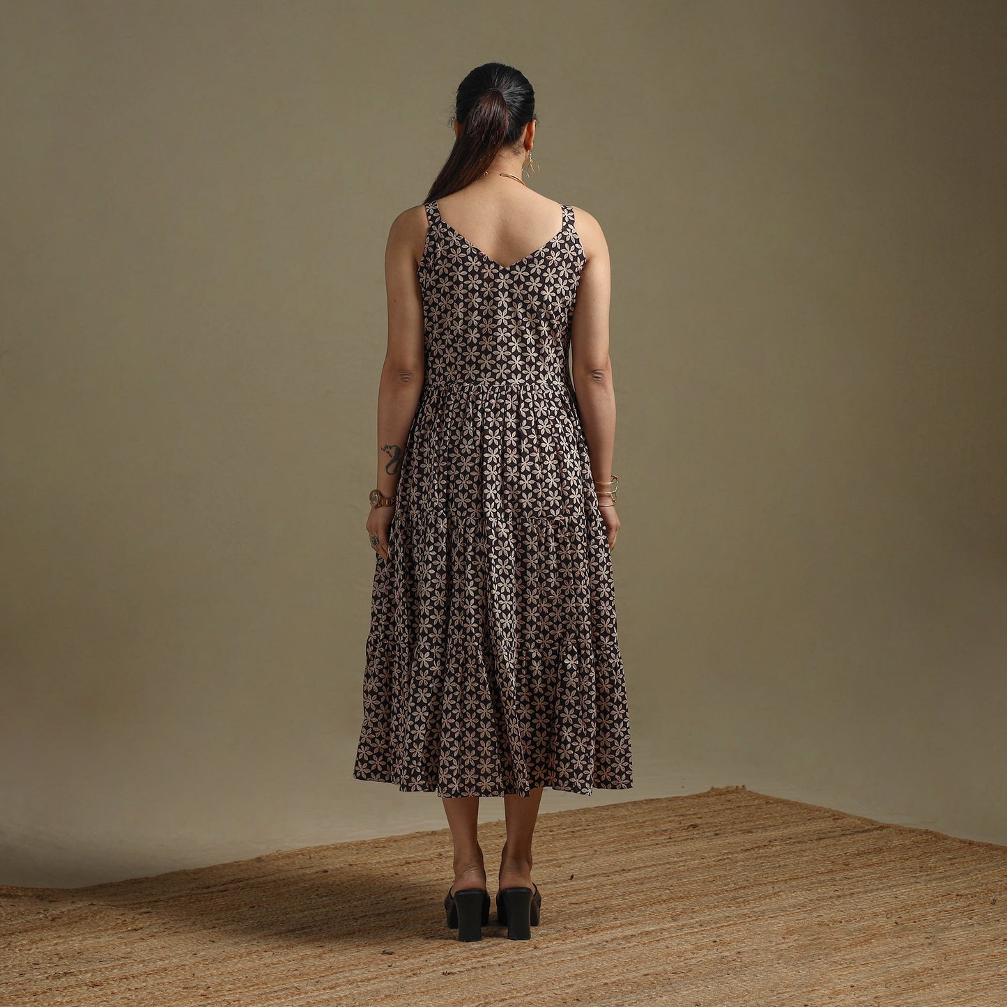 Hand Block Print Natural Dyed Cotton Tiered Bagru Dress 05