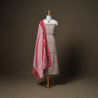 Sanganeri Block Print Cotton Unstitched Dress Material: Kurta, Bottom & Dupatta with Jewellery 12