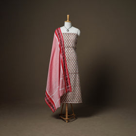 Sanganeri Block Print Cotton Unstitched Dress Material: Kurta, Bottom & Dupatta with Jewellery 12