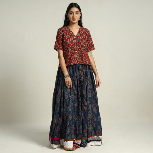Blue - Ajrakh Block Printed 24 Kali Patchwork Cotton Long Skirt 43