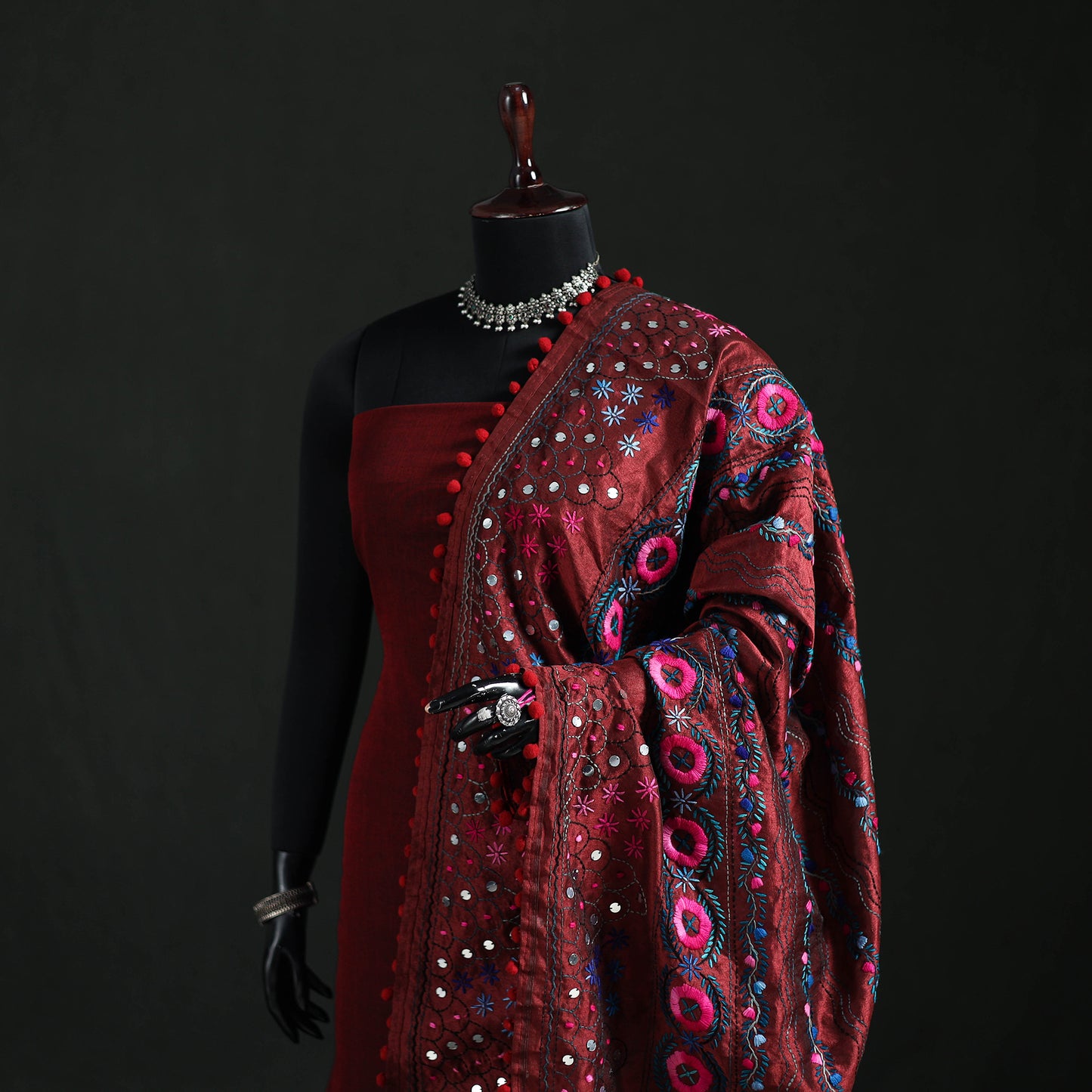 Phulkari Hand Embroidered Chanderi Silk Dupatta 10