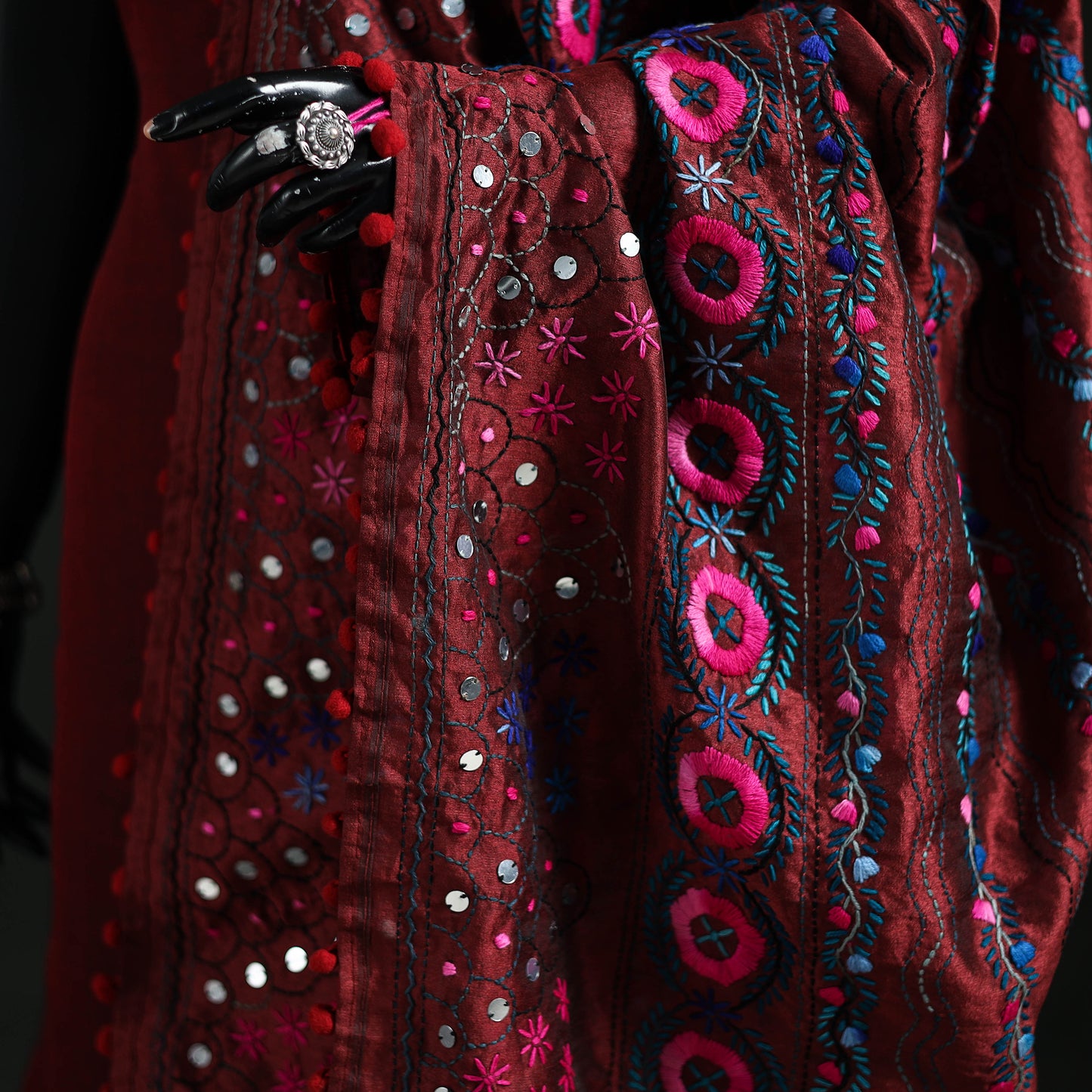 Phulkari Hand Embroidered Chanderi Silk Dupatta 10