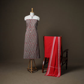 Sanganeri Block Print Cotton Unstitched Dress Material: Kurta, Bottom & Dupatta with Jewellery 13
