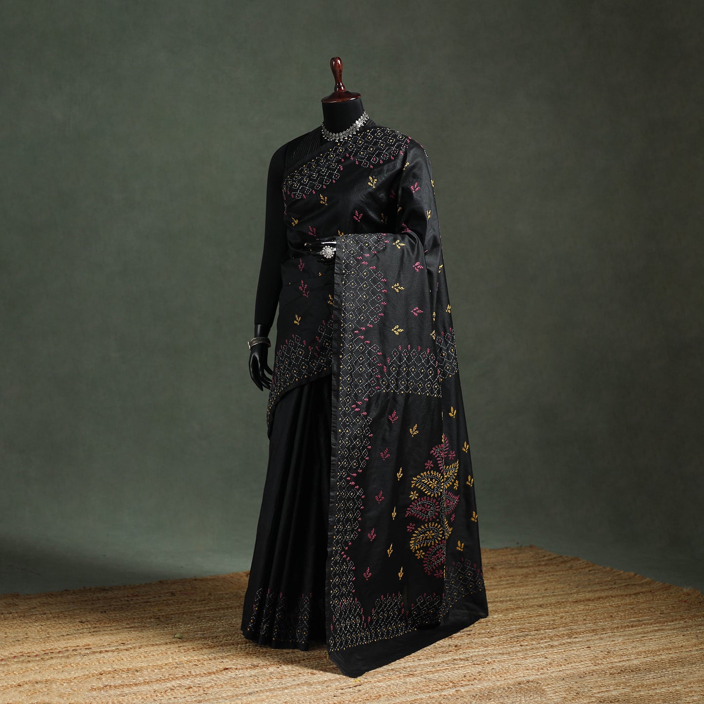 Black - Bengal Nakshi Kantha Hand Embroidered Silk Saree 18