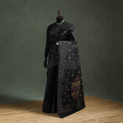 Black - Bengal Nakshi Kantha Hand Embroidered Silk Saree 18