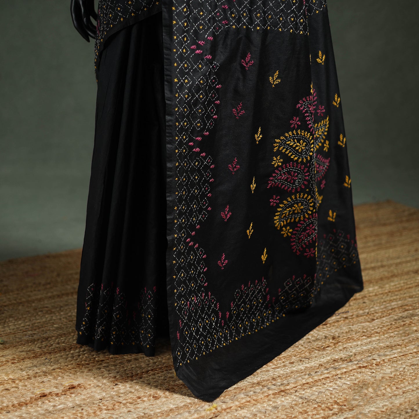 Black - Bengal Nakshi Kantha Hand Embroidered Silk Saree 18