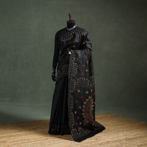 Black - Bengal Nakshi Kantha Hand Embroidered Silk Saree 19
