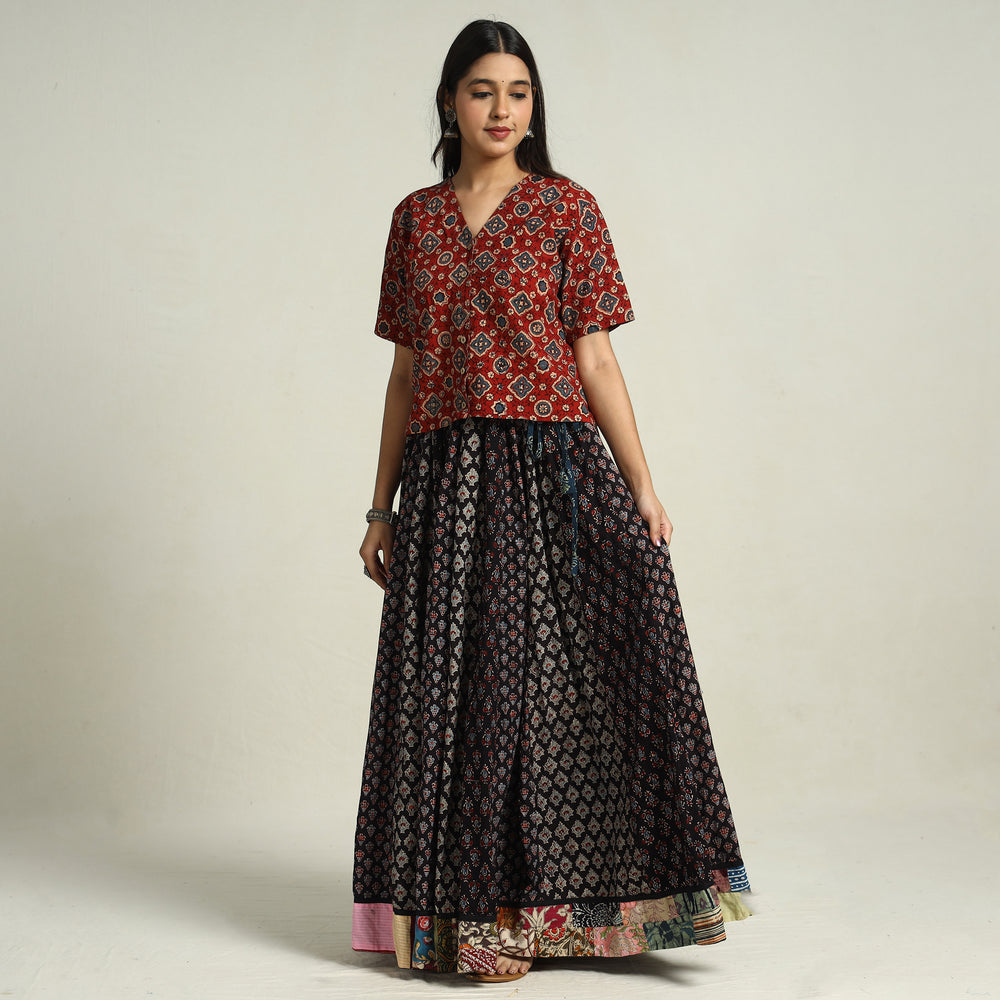 Black - Ajrakh Block Printed 24 Kali Patchwork Cotton Long Skirt 41