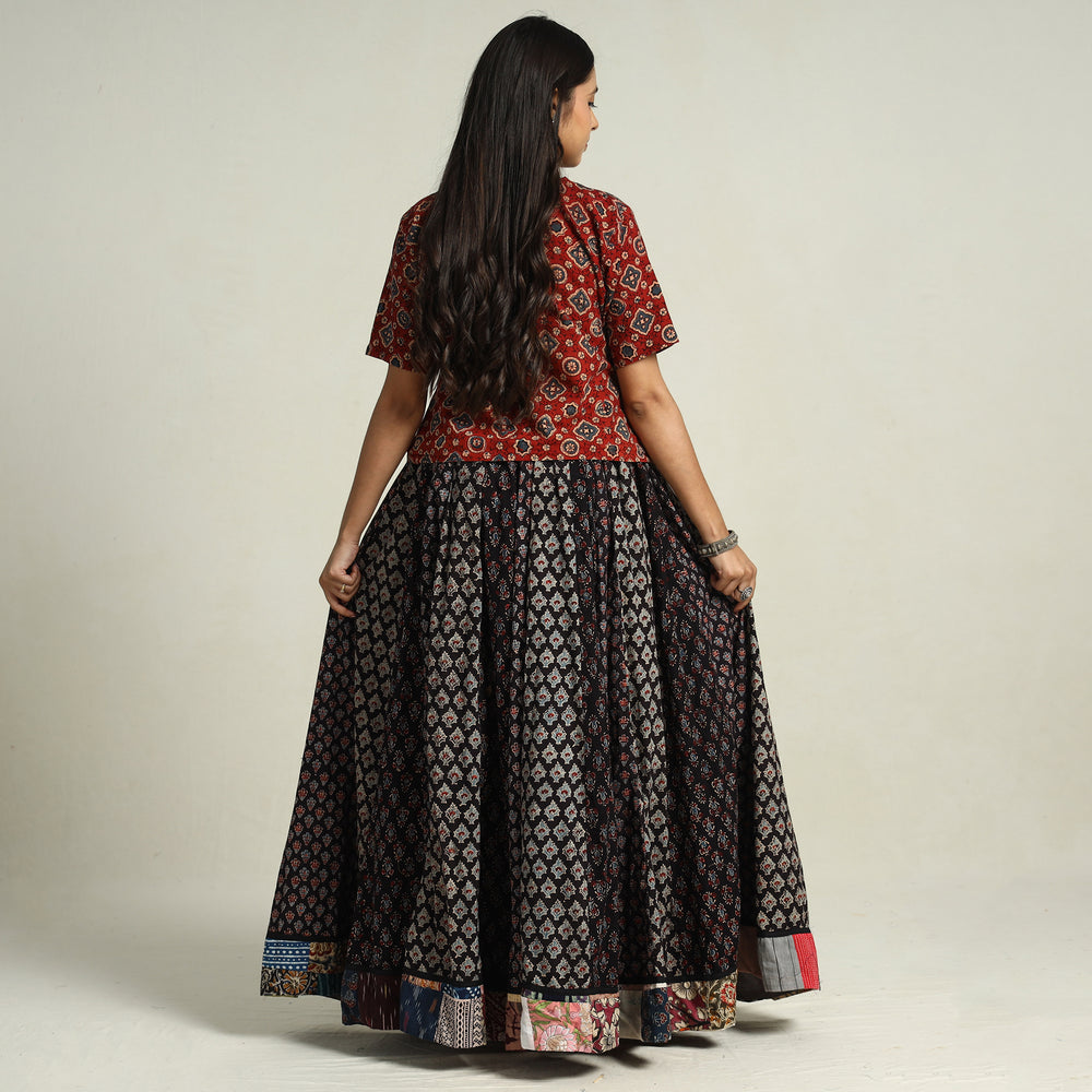 Black - Ajrakh Block Printed 24 Kali Patchwork Cotton Long Skirt 41