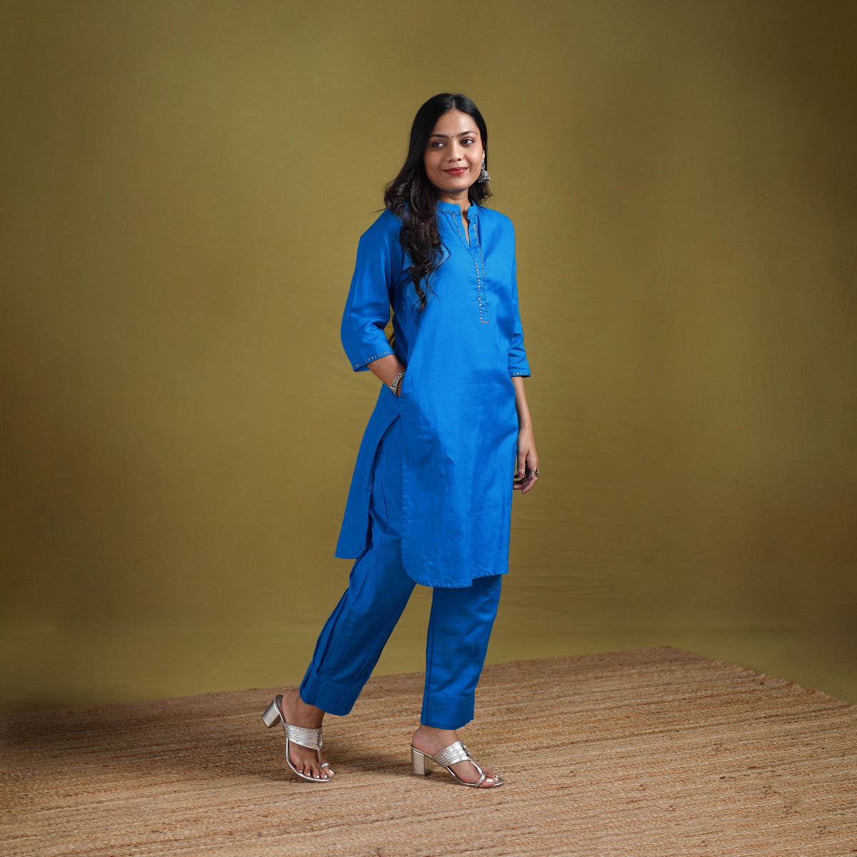 Sequin Work Flex Cotton Plain Straight Kurta with Pant Set for women 14