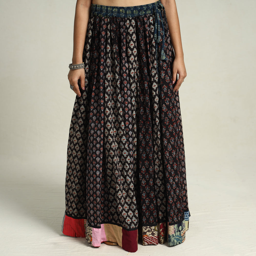 Black - Ajrakh Block Printed 24 Kali Patchwork Cotton Long Skirt 41