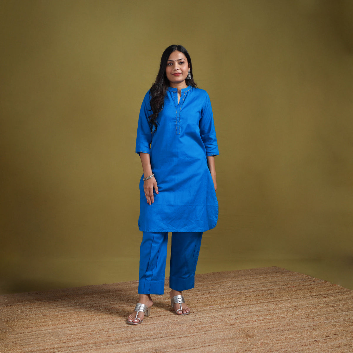 Sequin Work Flex Cotton Plain Straight Kurta with Pant Set for women 14