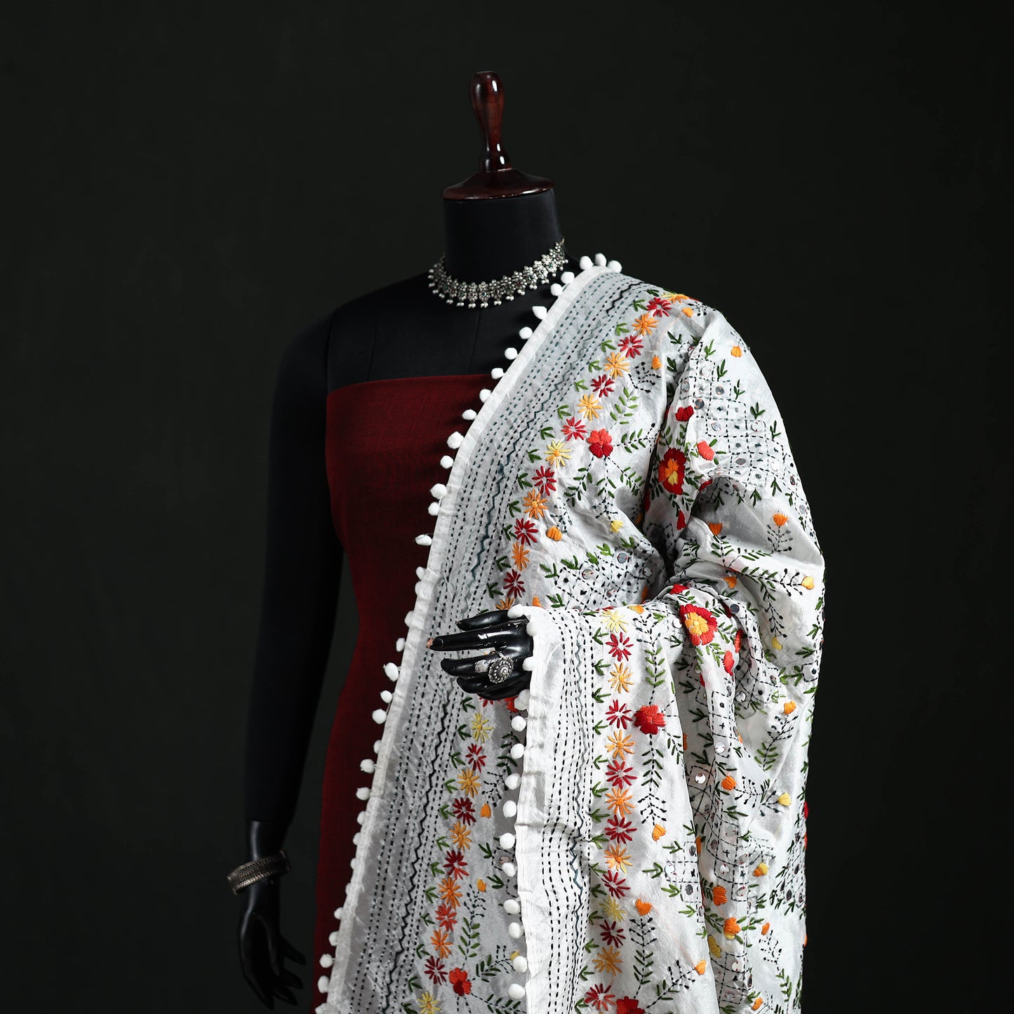 Phulkari Hand Embroidered Chanderi Silk Dupatta 12