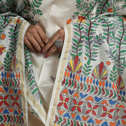 White - Madhubani Handpainted Chanderi Silk Handloom Dupatta 26