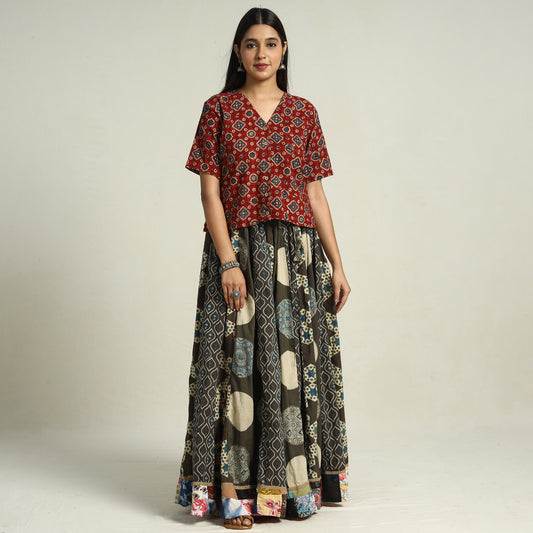Brown - Ajrakh Block Printed 24 Kali Patchwork Cotton Long Skirt 42