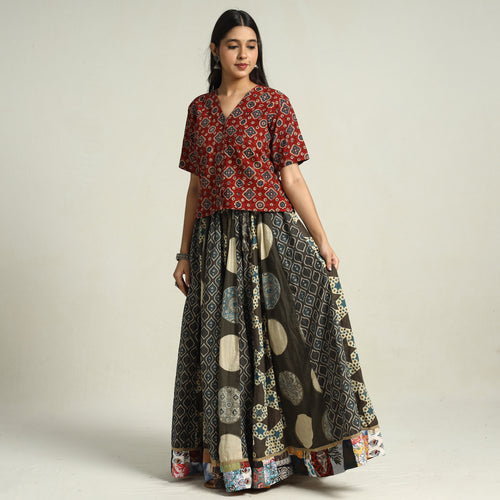 Brown - Ajrakh Block Printed 24 Kali Patchwork Cotton Long Skirt 42