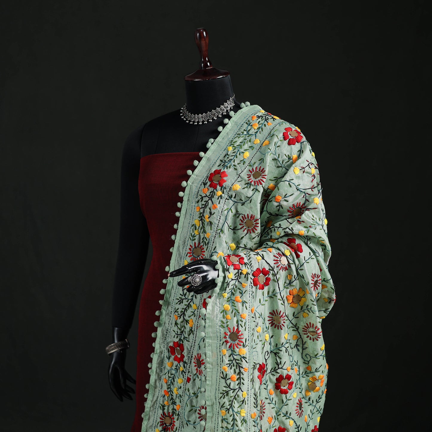Phulkari Hand Embroidered Chanderi Silk Dupatta 13