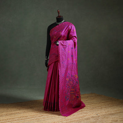 Purple - Bengal Nakshi Kantha Hand Embroidered Silk Saree 20