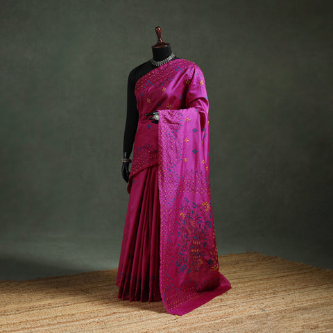 Purple - Bengal Nakshi Kantha Hand Embroidered Silk Saree 20