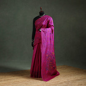 Purple - Bengal Nakshi Kantha Hand Embroidered Silk Saree 20