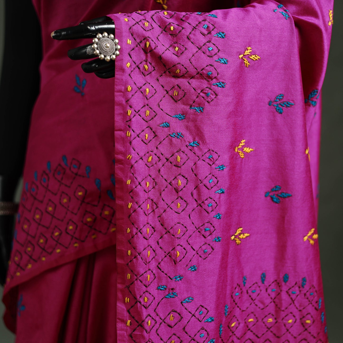 Purple - Bengal Nakshi Kantha Hand Embroidered Silk Saree 20