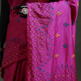 Purple - Bengal Nakshi Kantha Hand Embroidered Silk Saree 20
