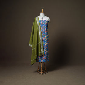 Sanganeri Block Print Cotton Unstitched Dress Material: Kurta, Bottom & Dupatta with Jewellery 14