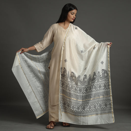 White - Madhubani Handpainted Chanderi Silk Handloom Dupatta 28