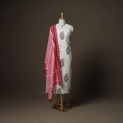Sanganeri Block Print Cotton Unstitched Dress Material: Kurta, Bottom & Dupatta with Jewellery 15