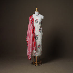 Sanganeri Block Print Cotton Unstitched Dress Material: Kurta, Bottom & Dupatta with Jewellery 15