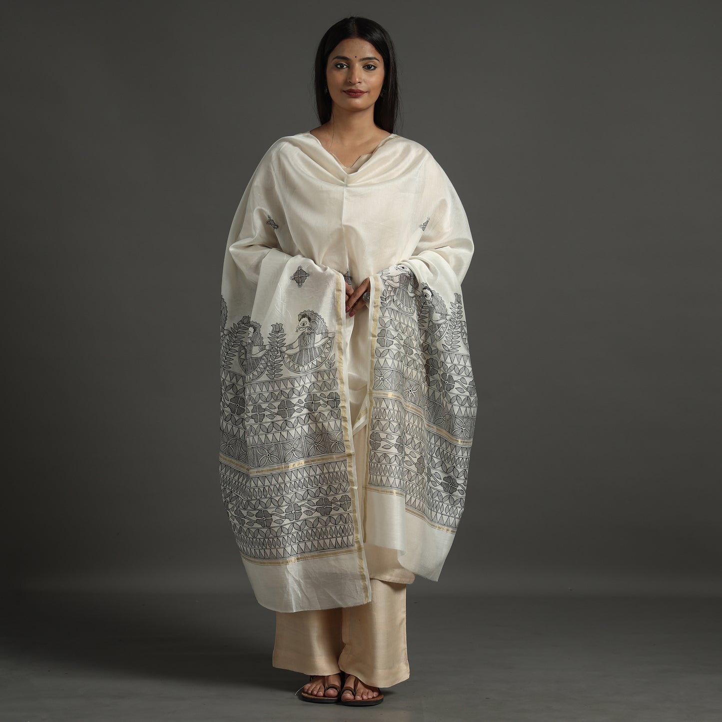 White - Madhubani Handpainted Chanderi Silk Handloom Dupatta 28