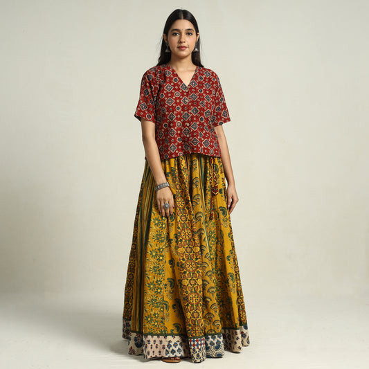 Yellow - Ajrakh Block Printed 24 Kali Patchwork Cotton Long Skirt 44