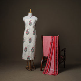 Sanganeri Block Print Cotton Unstitched Dress Material: Kurta, Bottom & Dupatta with Jewellery 15