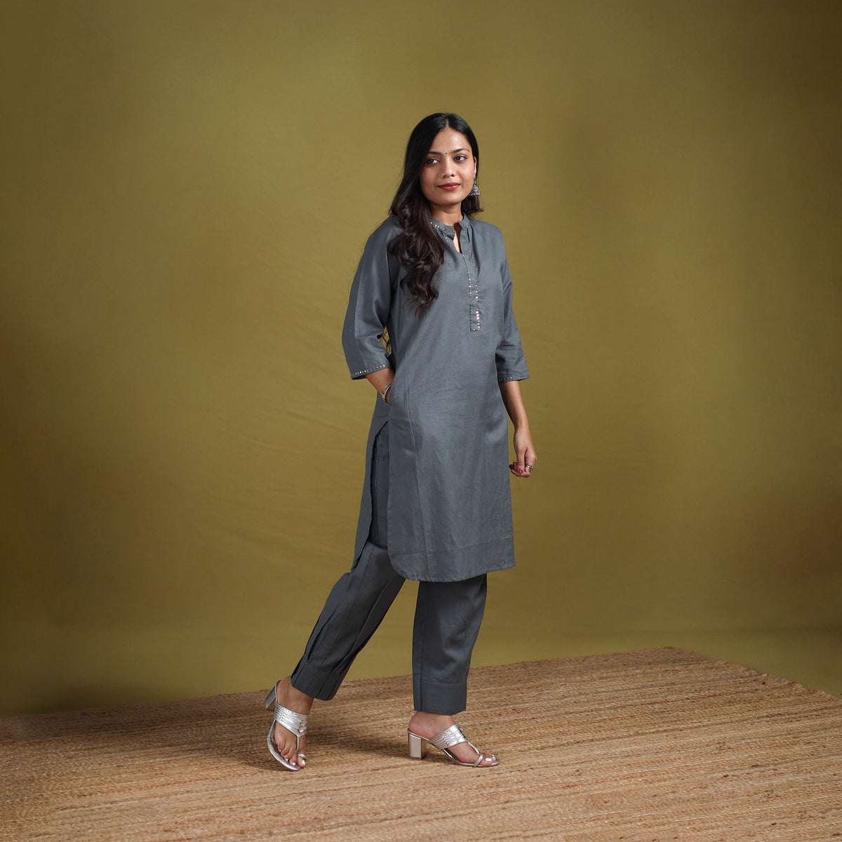 Sequin Work Flex Cotton Plain Straight Kurta with Pant Set for women 11