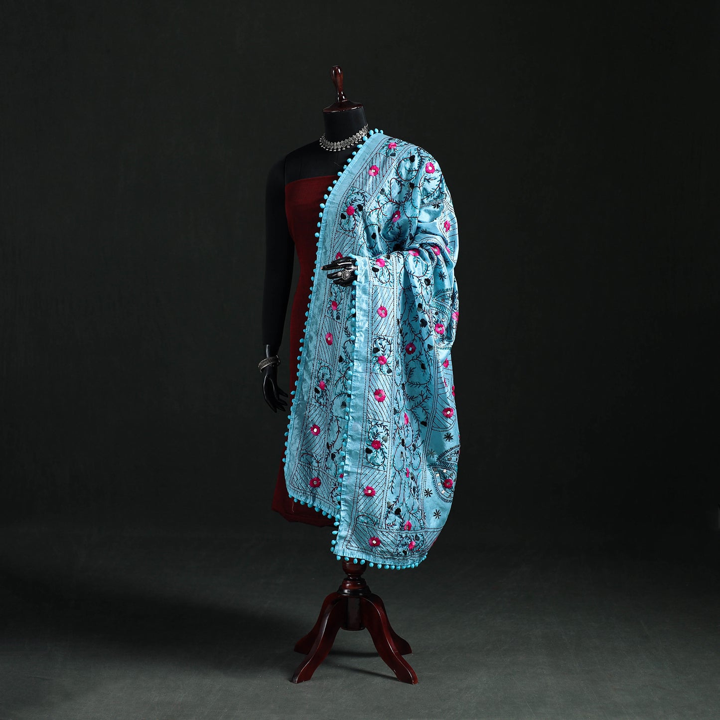 Phulkari Hand Embroidered Chanderi Silk Dupatta 15