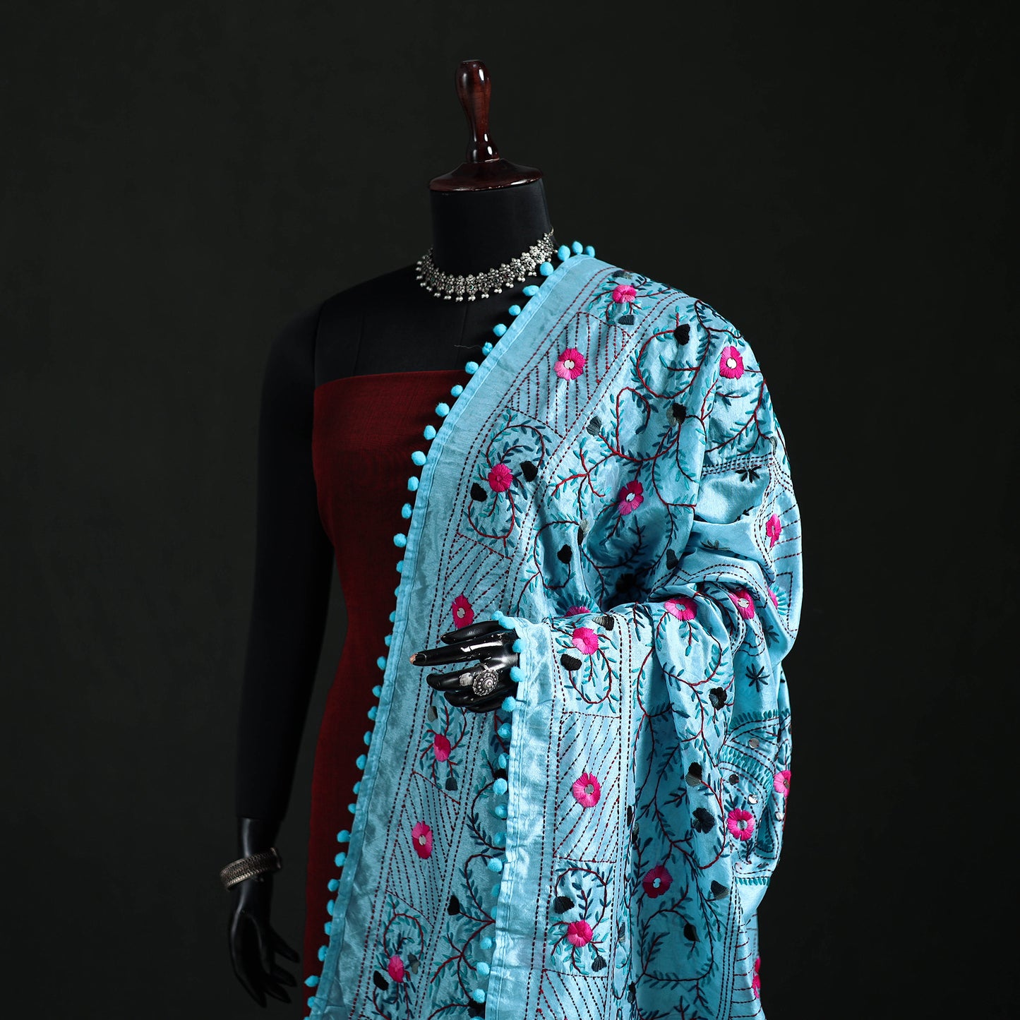 Phulkari Hand Embroidered Chanderi Silk Dupatta 15