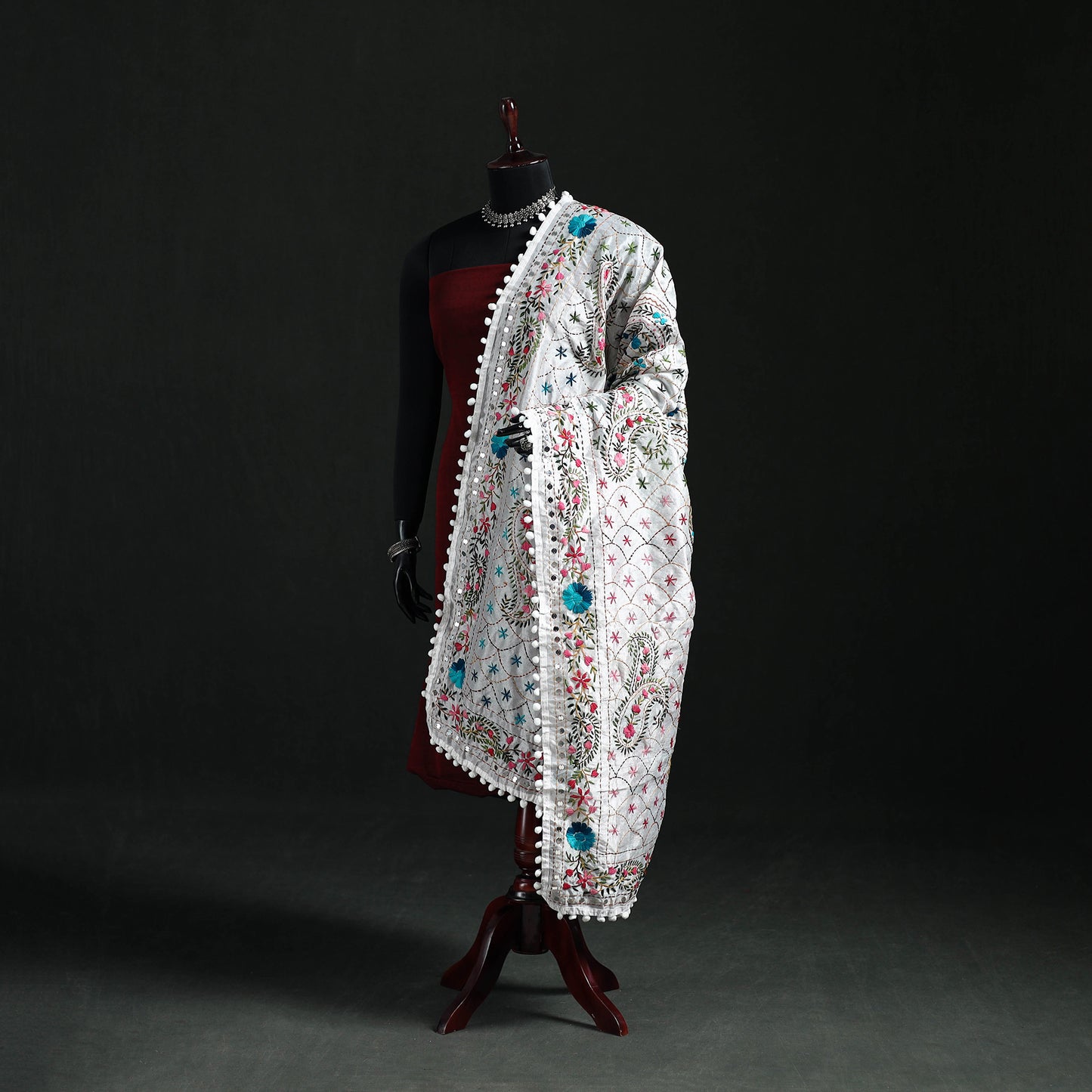 Phulkari Hand Embroidered Chanderi Silk Dupatta 16