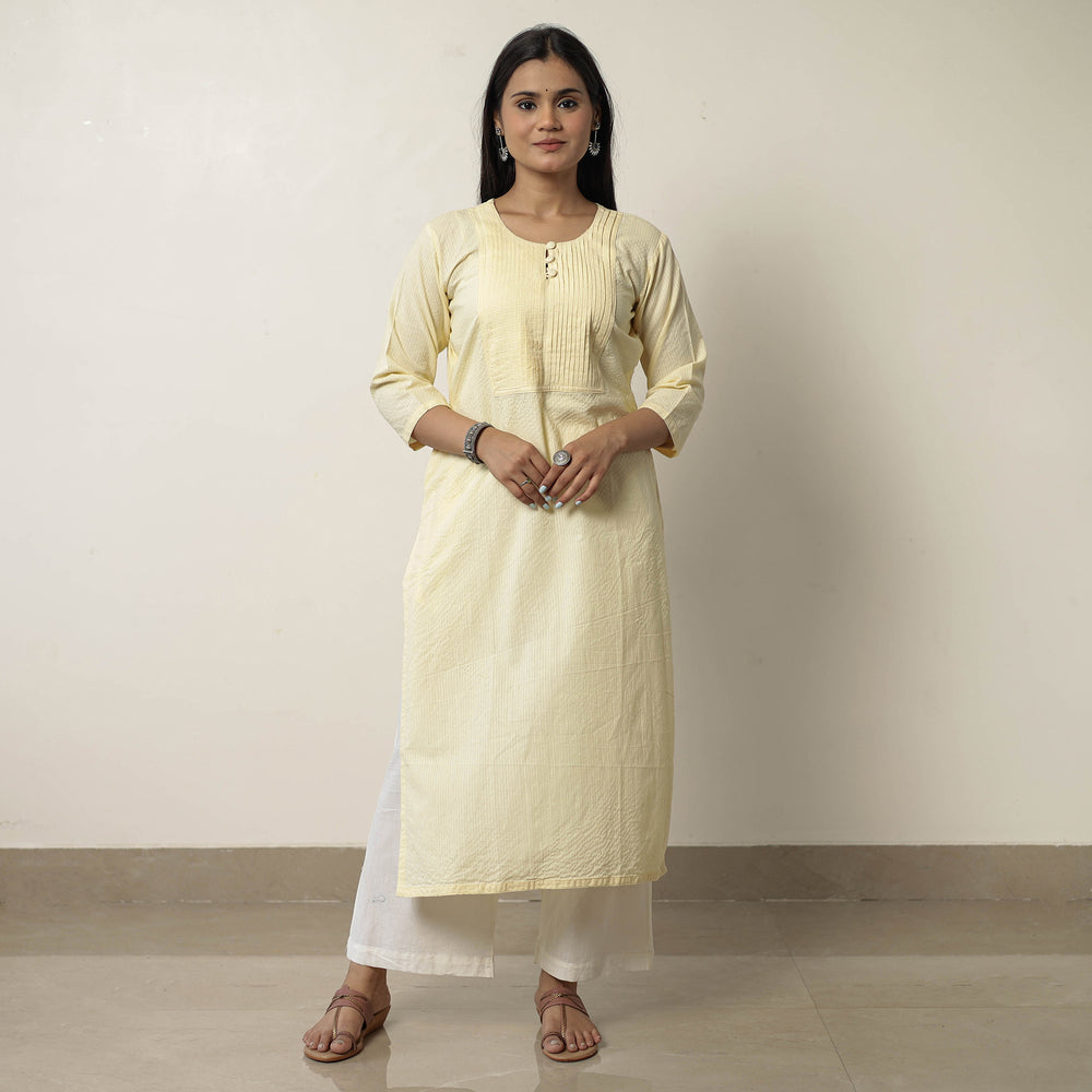 Beige - Sand Plain Running Stitch Cotton Pintuck A-Line Long Kurta 33