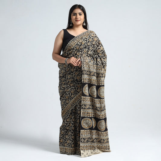 Black - Pedana Kalamkari Block Printed Cotton Saree with Blouse Piece 04