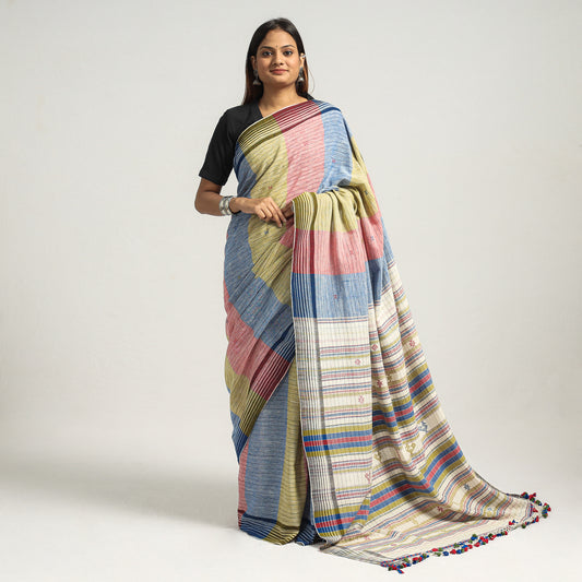 Multicolor - Kutch Bhujodi Weaving Handwoven Organic Kala Cotton Saree with Tassels
