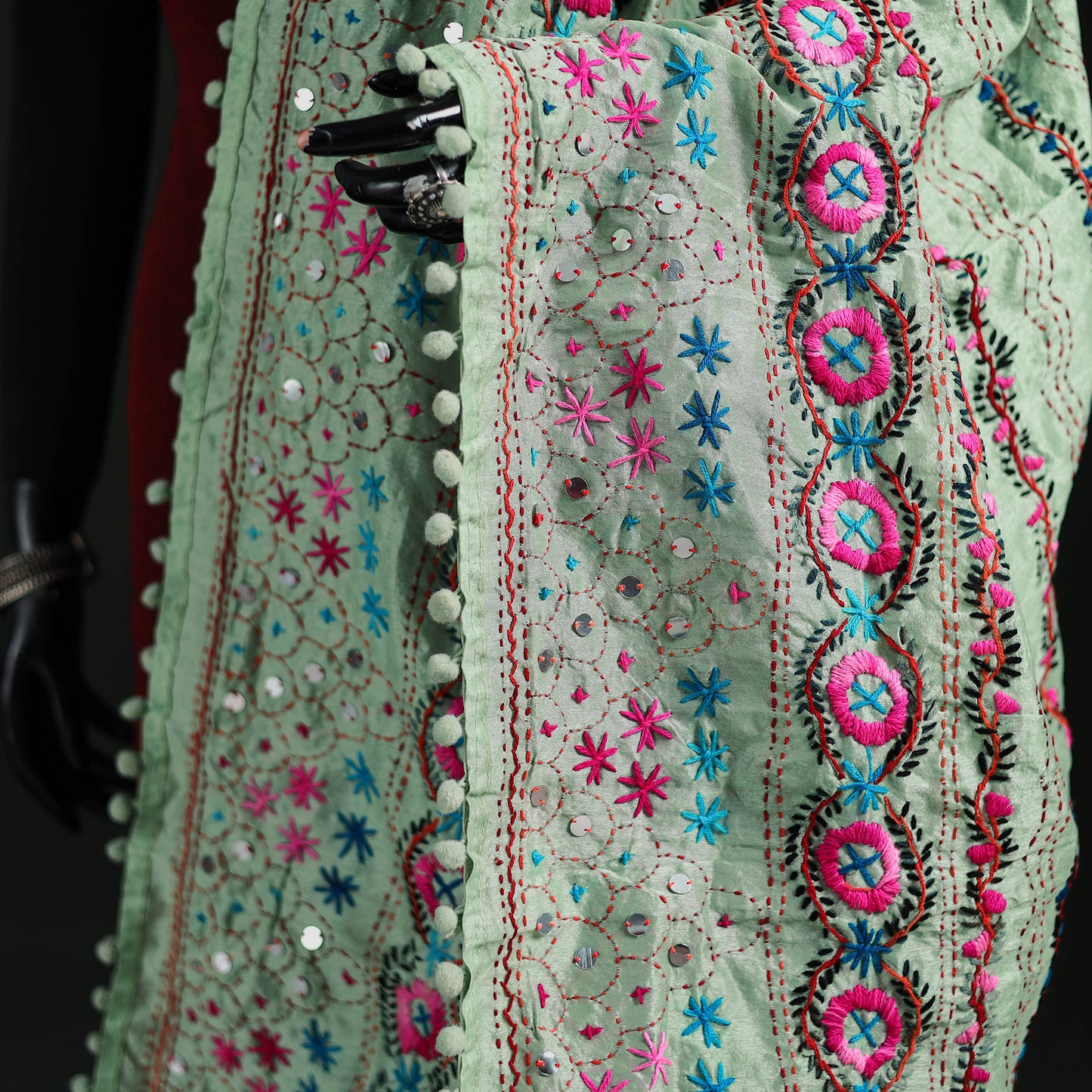 Phulkari Hand Embroidered Chanderi Silk Dupatta 17