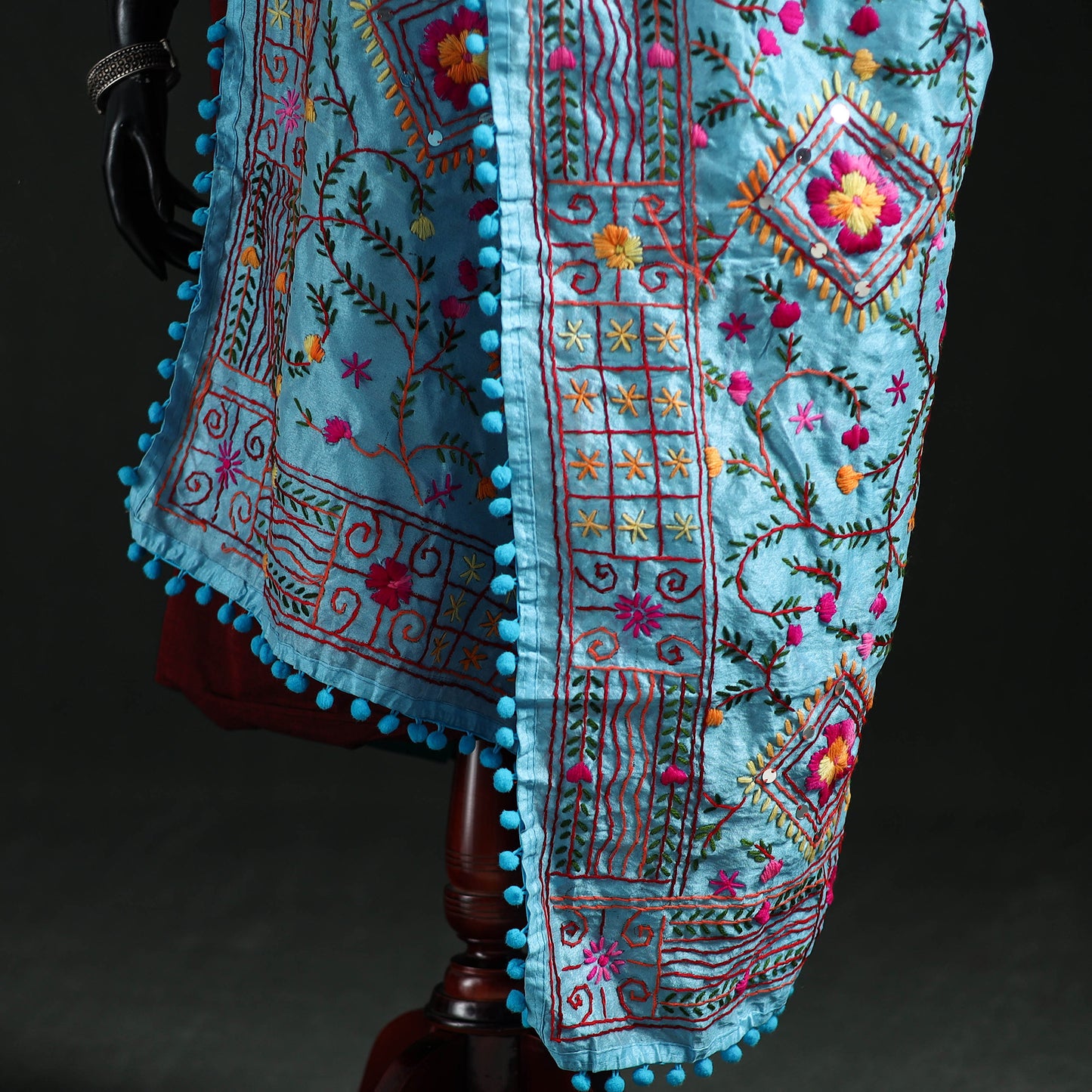 Phulkari Hand Embroidered Chanderi Silk Dupatta 18