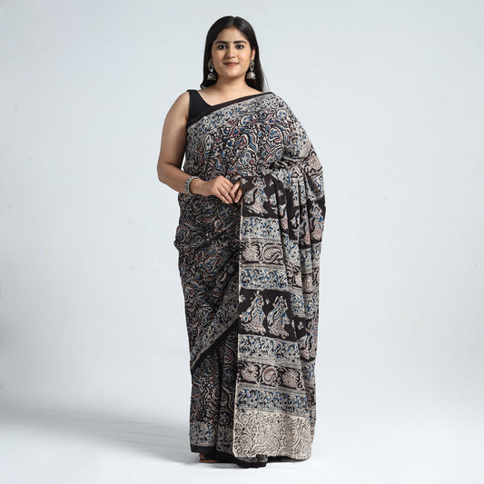 Black - Pedana Kalamkari Block Printed Cotton Saree with Blouse Piece 05